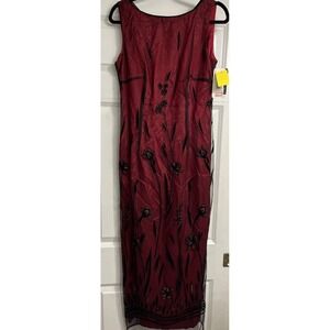 Vtg 90s Formal Prom Dress Gown Red Black Mesh Overlay Floral Glitter Gothic Sz 8